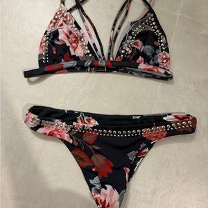 Beach Riot Black and Red Floral Bikini